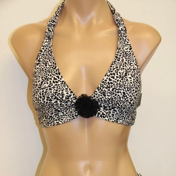 Kenneth Cole Swimwear Bikini Halter Top Medium Black Animal Beach Swimwear Rose - Picture 9 of 10